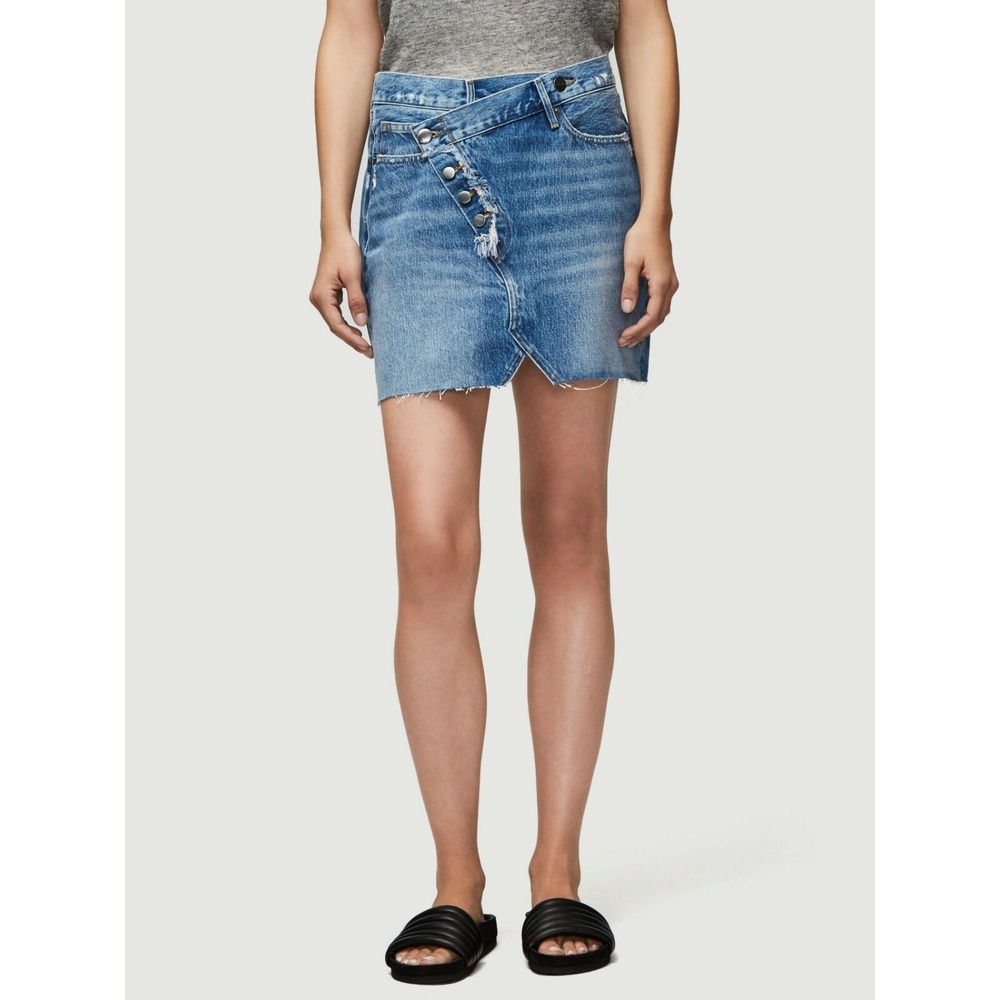 FRAME Ophelia Exposed Button Asymmetric Overlap Denim Mini Skirt 24 - Picture 6 of 13